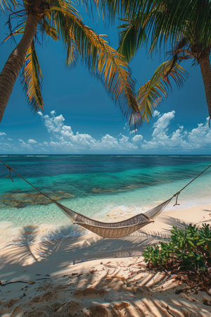 A hammock gently swings on a sandy beach lined with tall palm trees under a clear blue sky.の素材
