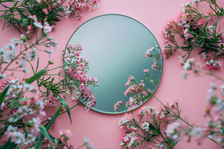 A mirror is positioned on top of a table next to a bouquet of flowers, creating a simple yet elegant composition.の素材