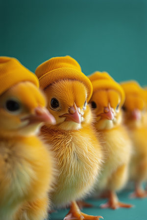 Small yellow chicks sitting together on a blue surface.の素材
