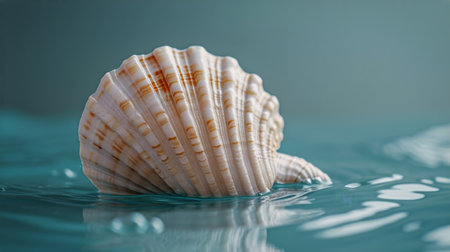 A single sea shell resting on a vibrant blue background.の素材
