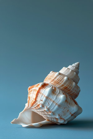 A sea shell rests on a vibrant blue background, showing its intricate details and unique shape.の素材