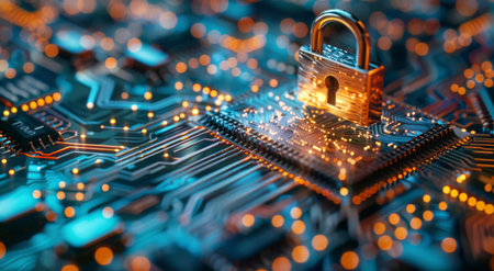 Detailed view of a computer processor chip showing intricate circuitry and components.の素材