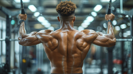 A man is performing various exercises in a modern gym, including weightlifting, cardio, and stretching.の素材