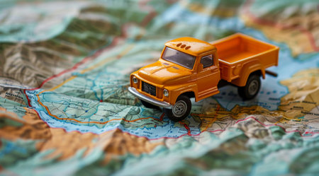 A toy truck is positioned on top of a map, showcasing a miniature transportation scenario.の素材