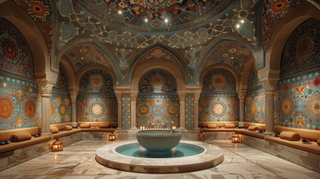 A spacious indoor swimming pool in a building, with clear blue water and surrounding seating areas.の素材