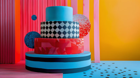 A vibrant multi-tiered cake with colorful decorations placed on a plate, showing a variety of intricate details and festive design.の素材