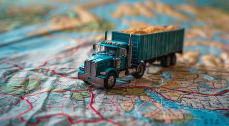 A toy truck is placed on top of a map, showcasing the miniature vehicle navigating through geographic terrain.の素材