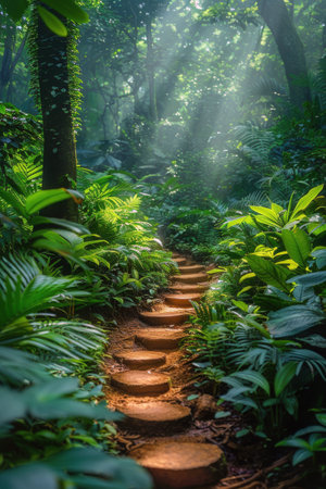A dirt path winding through a dense forest with trees and foliage on either side stretching into the distance.の素材