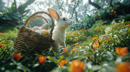 A white rabbit is seated in green grass, next to a basket filled with colorful eggs.の素材