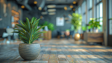 A potted plant sits on a table in a lobby, next to a window, receiving sunlight.の素材