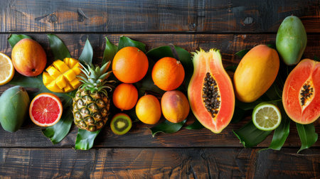 Different types of fresh fruits displayed on a wooden table including apples, bananas, oranges, grapes, and pineapples.の素材