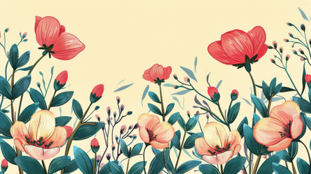 A painting featuring vibrant red flowers and lush green leaves filling the canvas.の素材