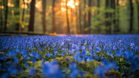 A field of vibrant blue flowers stretching out in front of a dense forest.の素材