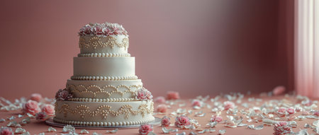 A three-tiered cake sitting on top of a table.の素材