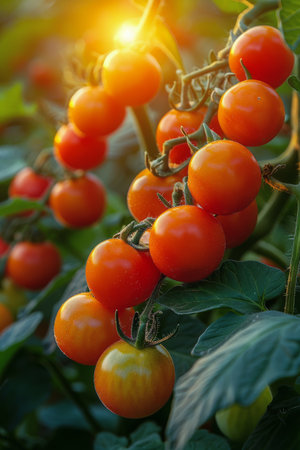 Multiple ripe tomatoes hanging in a cluster from a tree, showing the organic growth of the fruit.の素材