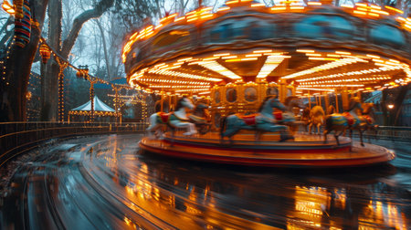 A merry go round spinning with colorful lights under the night sky, creating a vibrant and dynamic scene in a bustling amusement park.の素材