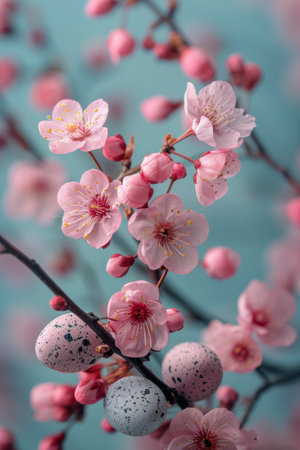 A branch with pink flowers blooming and eggs attached, showing springtime growth and renewal.の素材
