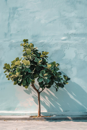 A small tree stands in front of a solid blue wall, creating a simple yet striking contrast in colors and textures.の素材