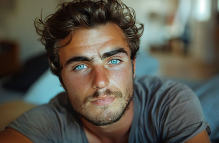 Close up view of a man with striking blue eyes.の素材