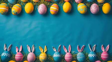 A row of colorful Easter eggs painted in various designs displayed against a vibrant blue background.の素材