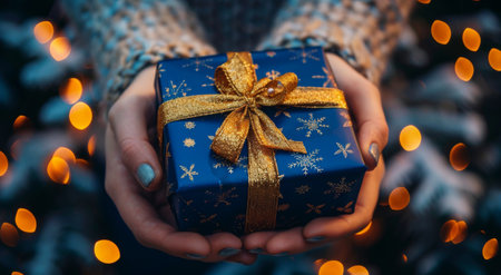 A womans hands delicately hold a blue gift box adorned with a shiny gold bow, creating a festive and elegant scene.の素材