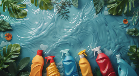 Blue background with abundant green leaves scattered around spray bottles for plant care.の素材