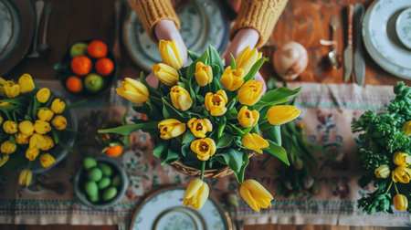 A person is holding a bouquet of bright yellow tulips in their hands.