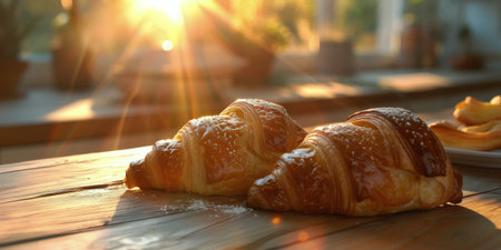 A pair of croissants delicately placed on a solid wooden table surface.の素材