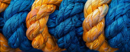 Detailed view of a blue and yellow rope intertwined, showing the vibrant colors and texture.の素材