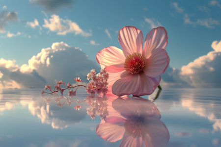 A pink flower delicately rests on the surface of a calm body of water, creating a serene and beautiful scene.の素材