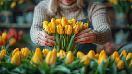 A woman standing holding a vibrant bouquet of yellow tulips in her hands.の素材