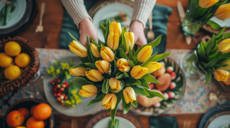 A person is holding a bouquet of bright yellow tulips in their hands.の素材