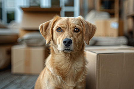 A brown dog is calmly seated on top of a wooden floor in this scene.の素材