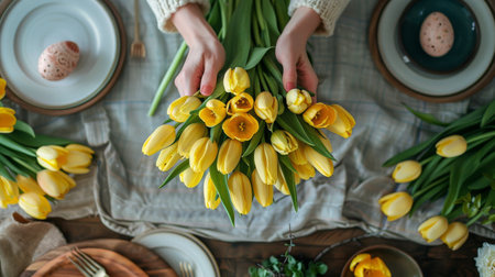 A person is holding a bouquet of bright yellow tulips in their hands.の素材