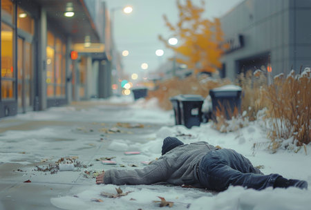 A person laying down on the ground covered in snow in a winter setting.の素材
