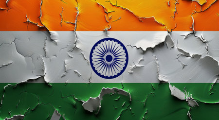 The Indian flag, featuring saffron, white, and green stripes, along with a navy blue Ashoka Chakra, painted on a sheet of paper.の素材