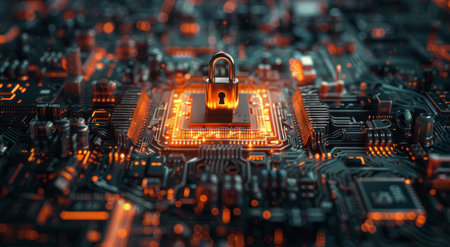 A circuit board is shown with a lock securely attached to it, symbolizing data security and protection.の素材