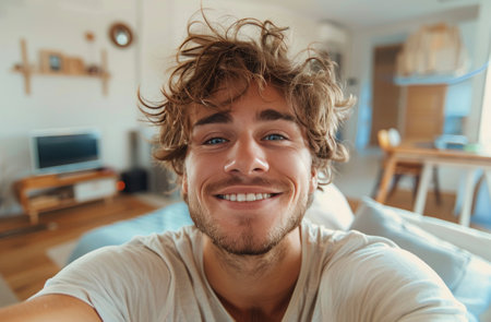 A young man with curly hair is seated in a living room.の素材