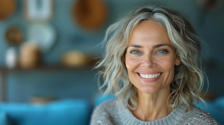 A woman with gray hair smiling directly at the camera.の素材