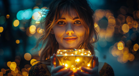 A woman is seen holding a lit candle in her hands.の素材