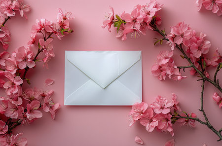 A white envelope is placed among delicate pink flowers on a soft pink background.の素材