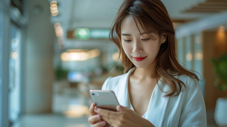 A woman holding a modern smartphone in her hands, interacting with the devices screen.の素材
