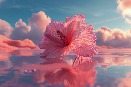 A pink flower delicately rests on the surface of a calm body of water, creating a serene and beautiful scene.の素材