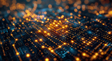 Detailed view of a computer circuit board showing microchips, capacitors, and other electronic components.の素材