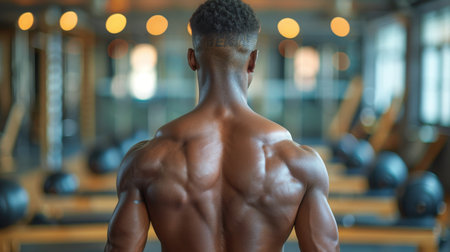 A man is standing inside a gym with his back facing the camera, appearing focused and engaged in his workout routine.の素材