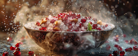 A bowl filled with a variety of nuts and ripe pomegranates placed on a wooden table.の素材