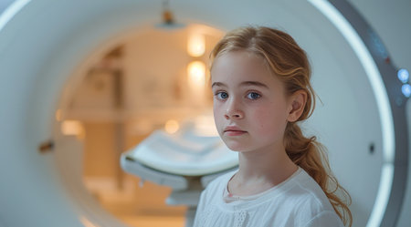 A young girl stands confidently in front of a large industrial machine, observing its intricate parts.の素材