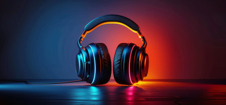 A pair of headphones laying on a wooden table, with no one around them.の素材