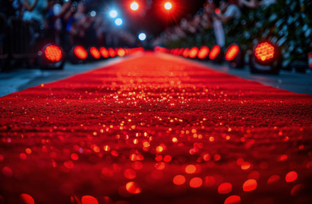 A red carpeted area with steps leading up to a brightly lit background.の素材