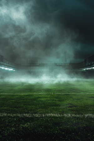 A stadium packed with people under a sky covered in ominous dark clouds, creating a dramatic atmosphere.の素材